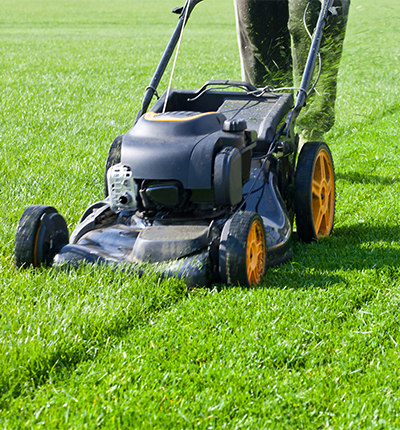 Person mowing lawn with a push lawn mower