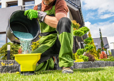 An image of a man pouring fertilizer