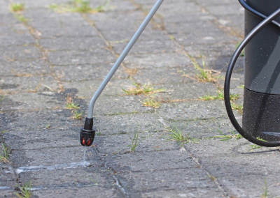 A person spraying weed killer on patio paving